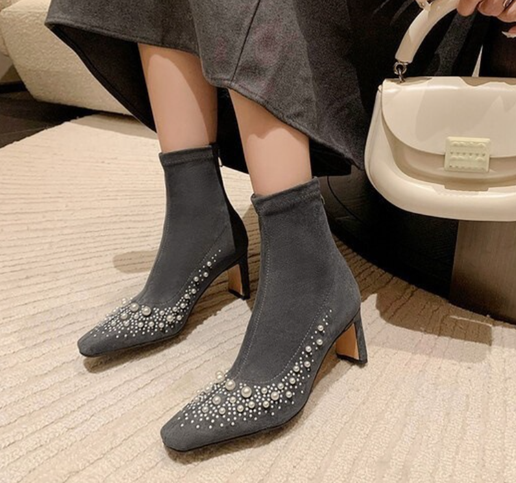 Women's Fashion Boots:Pearl Design High Heels Suede Slim French Square Toe Versatile,Black/Grey,fashion