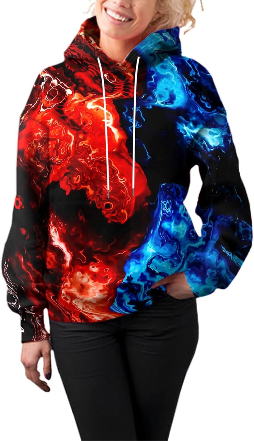 Hoodie for Mens Womens Unisex Novelty 3D Printed Hoodies Long Sleeve Sweatshirts for Men Women with Big Pockets Graphic Cool Red Blue