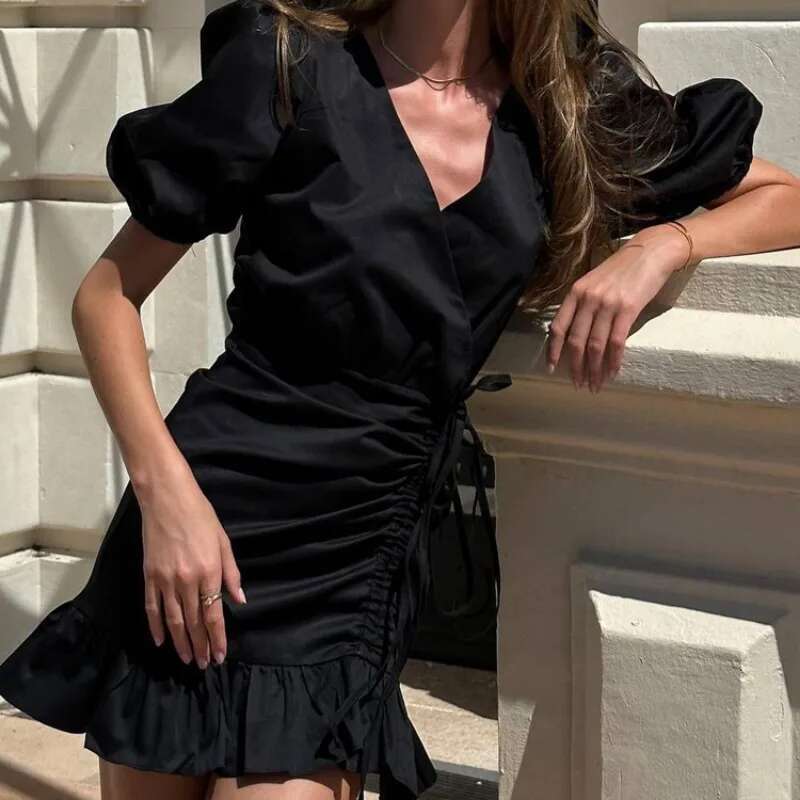Talenza Ruffle High Waist Mini Women's Sexy V-Neck Puff Sleeve Drawstring Pleated Elegant Solid Party A-E Dress