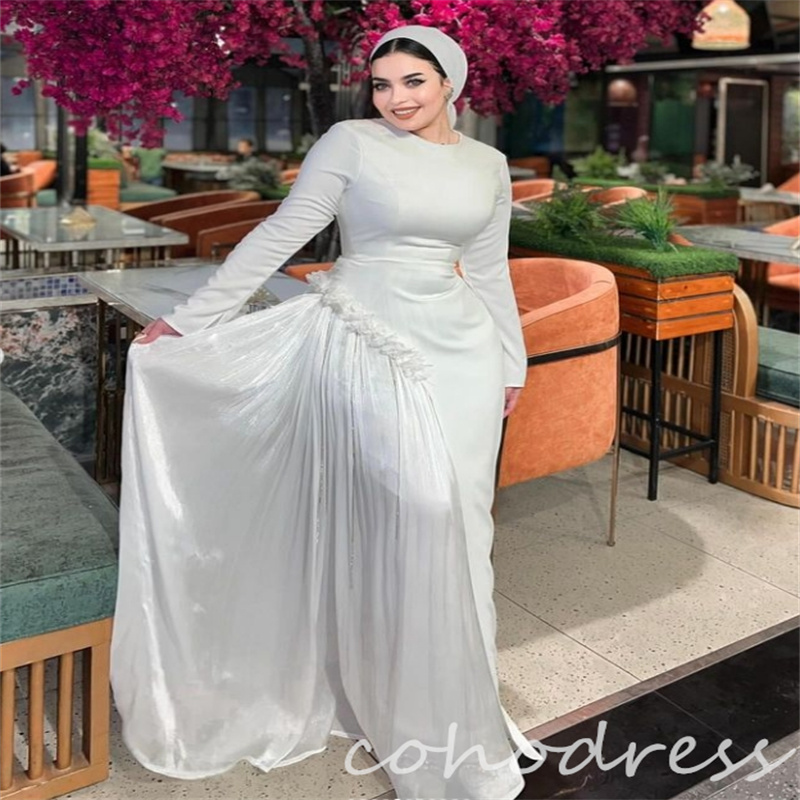 Minimalist Muslim Wedding Dresses O Neck Satin Long Sleeve Arabic Boho Bride Dress Elegant Country Farm Robe De Mariee Satin Vestio De Novia 2025
