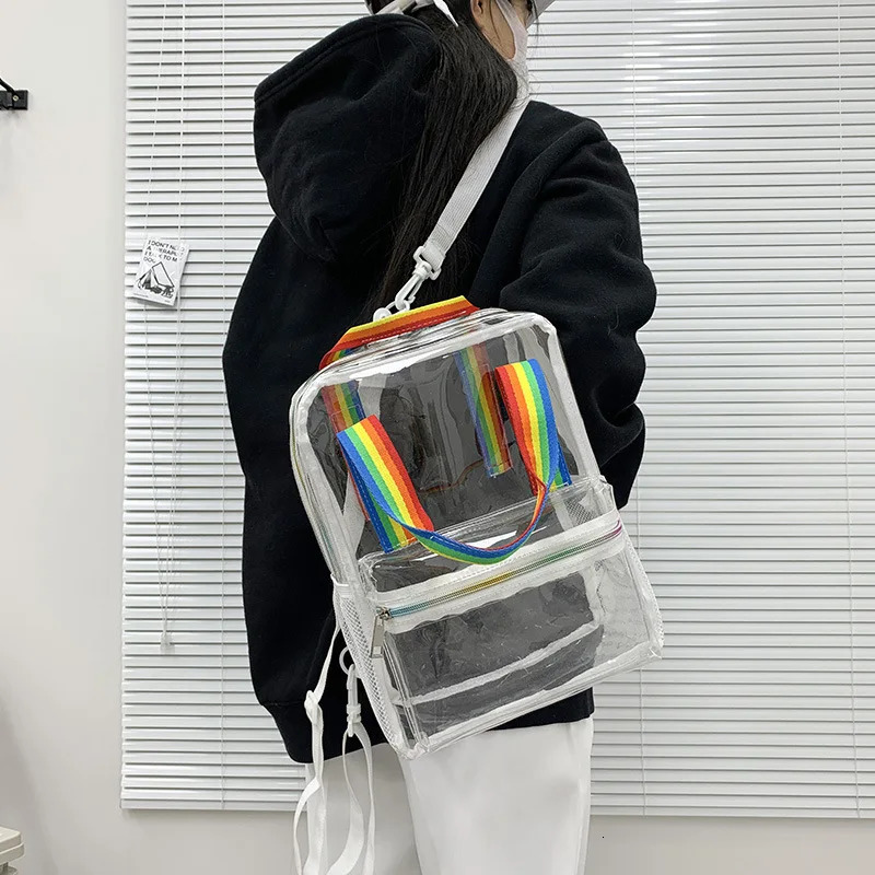 Korean transparent PVC backpack with large capacity waterproof zipper multi beach mens school bag casual womens travel bag 241106