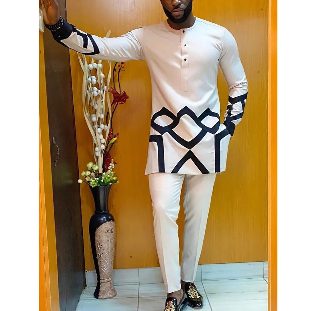 2024 Summer Mens Suit African Ethnic Casual Style 2-Piece Sets Printed Long Sleeve Top Pants Gentleman Fashion Clothes Outfits 240326