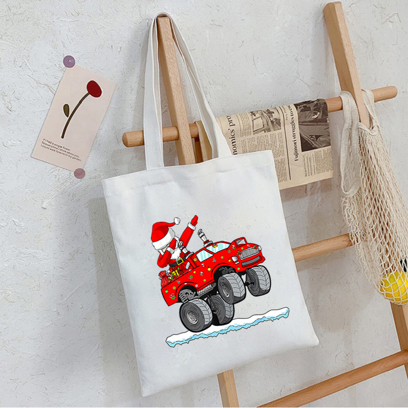 Christmas Santa Monster Truck Xmas Canvas Bags Shopper Shoulder Bag Big Women Designer Handbags Shopping Tote Casual Woman Tote