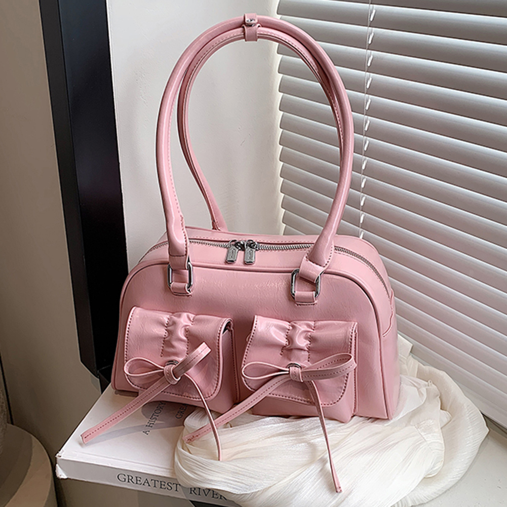 Shoulder Bags for Women 2024 PU Leather Double Pockets Design Female Sliver Red Underarm Bag with Bow Lady Handbags and Purses