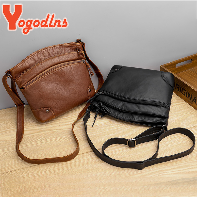 Yogodlns Soft PU Leather Shoulder Bag Women Retro Messenger Bag Double Zipper Female Crossbody Bag Big Capacity Daily Handbag