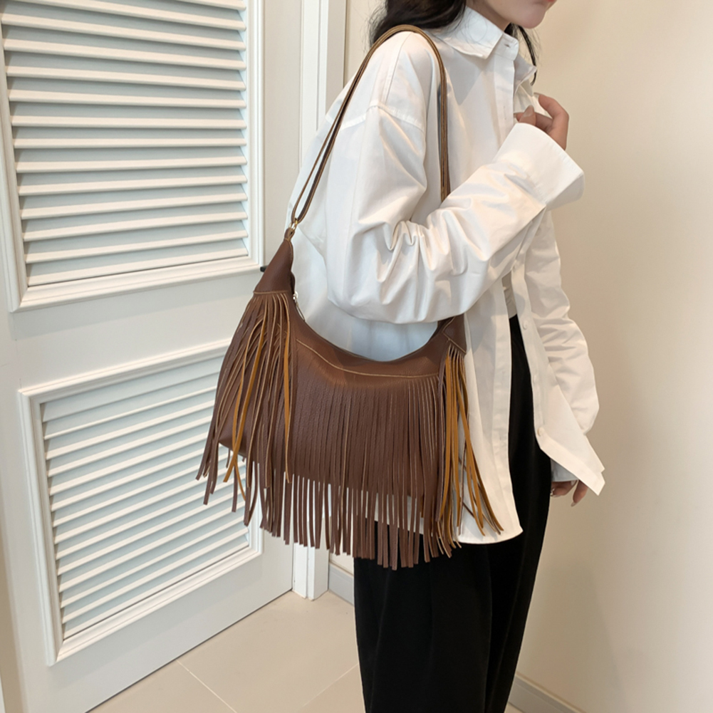 PU Fashion Crossbody Bag Large Capacity Women Tassels Shoulder Bag Minimalist Fringe Hobo Bag Solid Color for Party Vacation