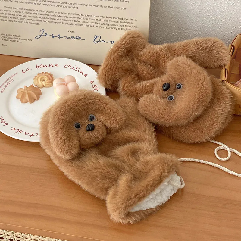Korean cute cartoon teddy dog double-layer thick warm plush gloves for sports winter outdoor skiing cycling windproof gloves 241107