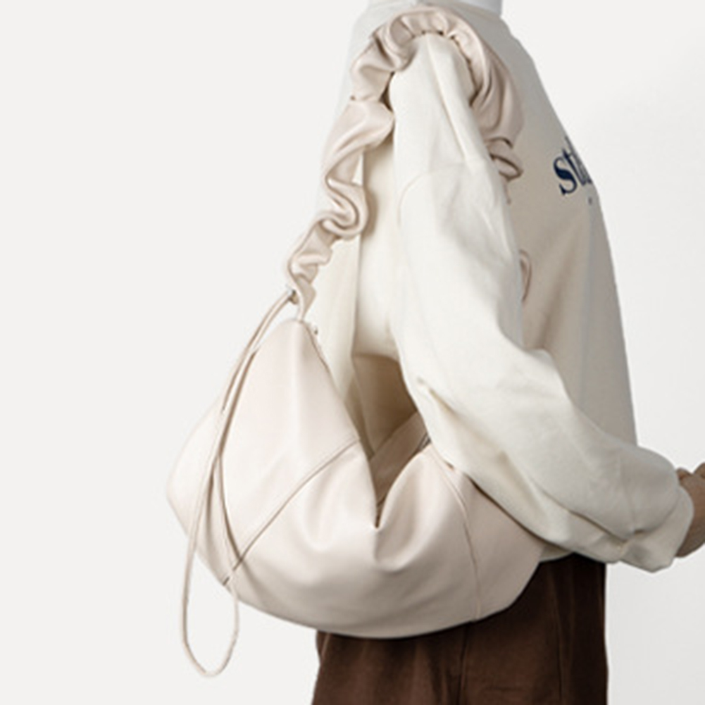 Women Pleated Dumpling Bag Large Capacity PU Drawstring Hobo Bag Stylish Crossbody Bag Adjustable Strap for Outdoor Travel