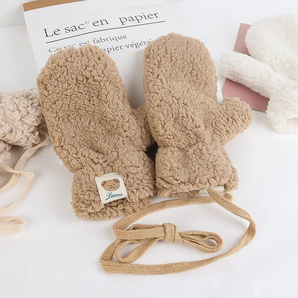 Kavay Plush Bear Winter Sticker Label Gloves Womens Casual Outdoor Riding Gloves Thick Warm Gloves 241107