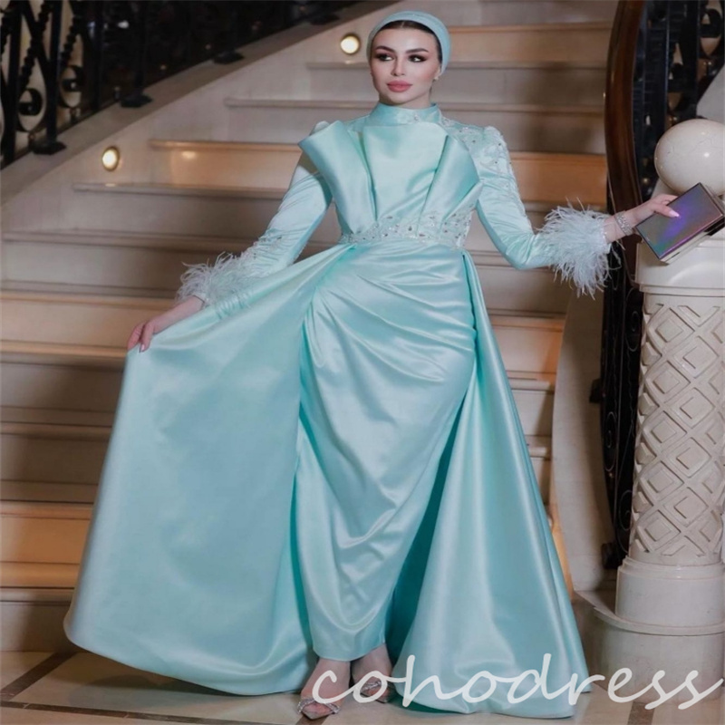 Luxury Islamic Muslim Evening Dresses With Beaded Pleated Mermaid Long Sleeve Brithday Dress Charming Feather Prom Dress Dinner Party Vestio De Fiesta