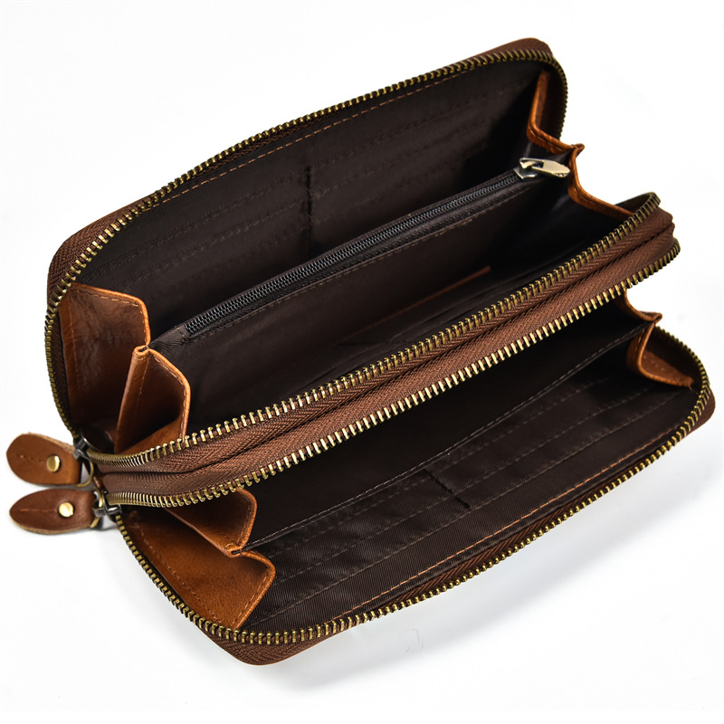Men's Bag Crazy Horse Skin Long Purse Leather Zipper Purse Double Layer Cowhide Clutch Bag Retro Casual Clutch Bag