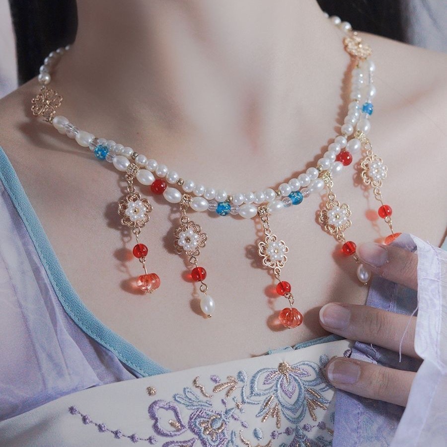 Double Layered Glass Necklace with Chiming Sound, Ancient Style Necklace Women's Pearl Flowers Tang Style Ancient Costume Retro Hezi Skirt Hanfu 