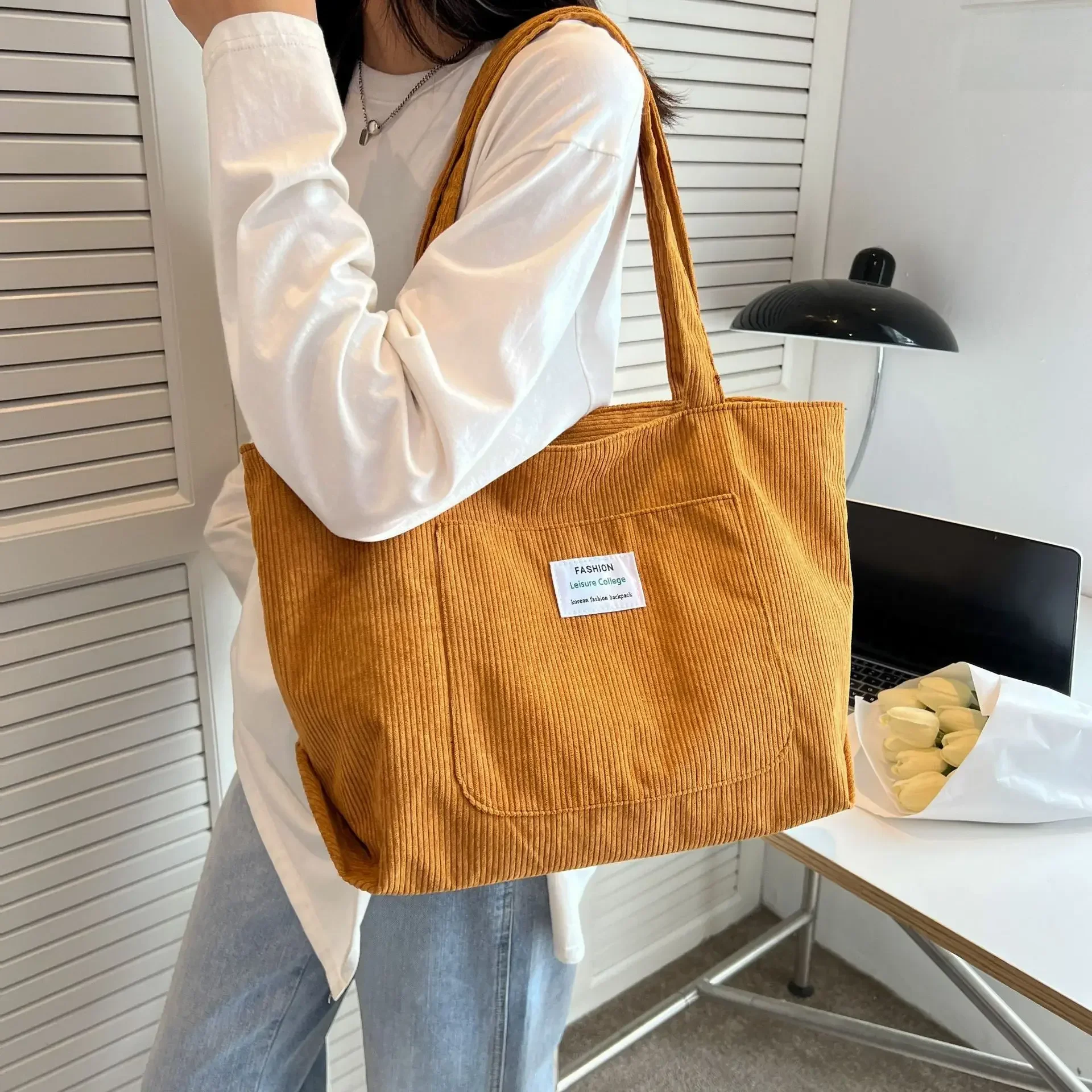 Leisure Corduroy Totes Bag Women's Large Capacity Shoulder Bag Fashion Vintage Solid Color Handbags Large Capacity Shopper Bag