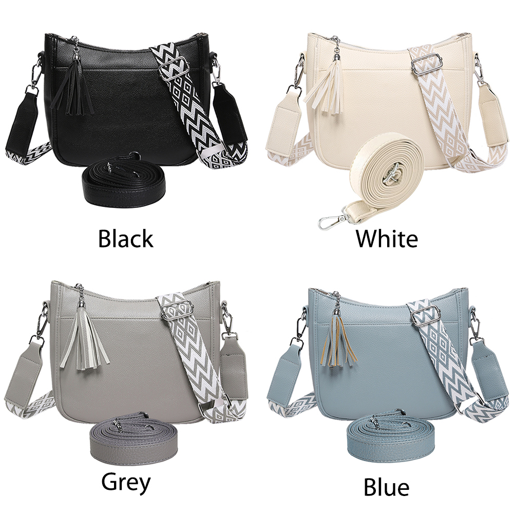 Simple Shoulder Bag PU Leather Casual Shoulder Purse with Wide Strap Cell Phone Purse with Tassel Satchel Purse for Women