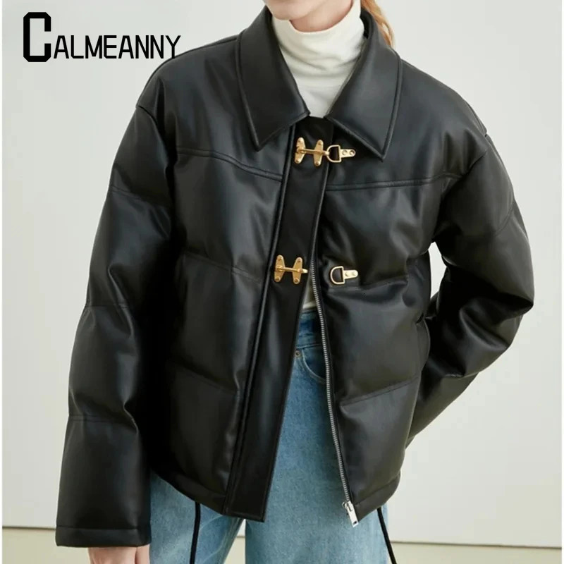 Womens down jacket winter casual loose collar velvet leather jacket short loose inflatable jacket 241107