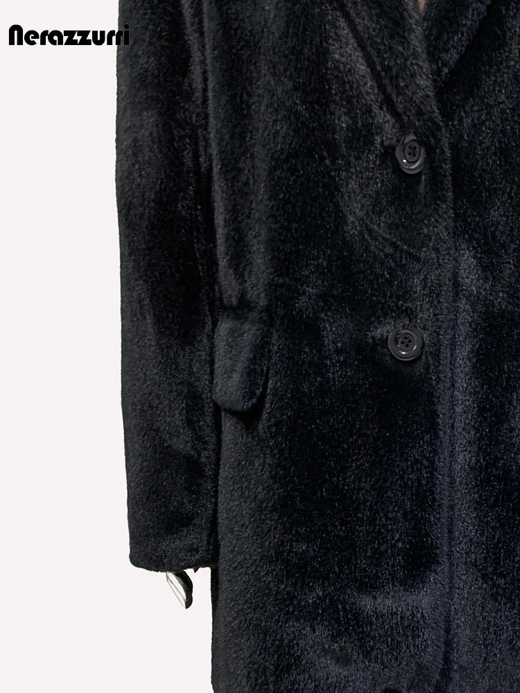 Sapphire autumn fluffy warm soft black faux mink coat jacket womens single chest loose casual Korean fashion 241107