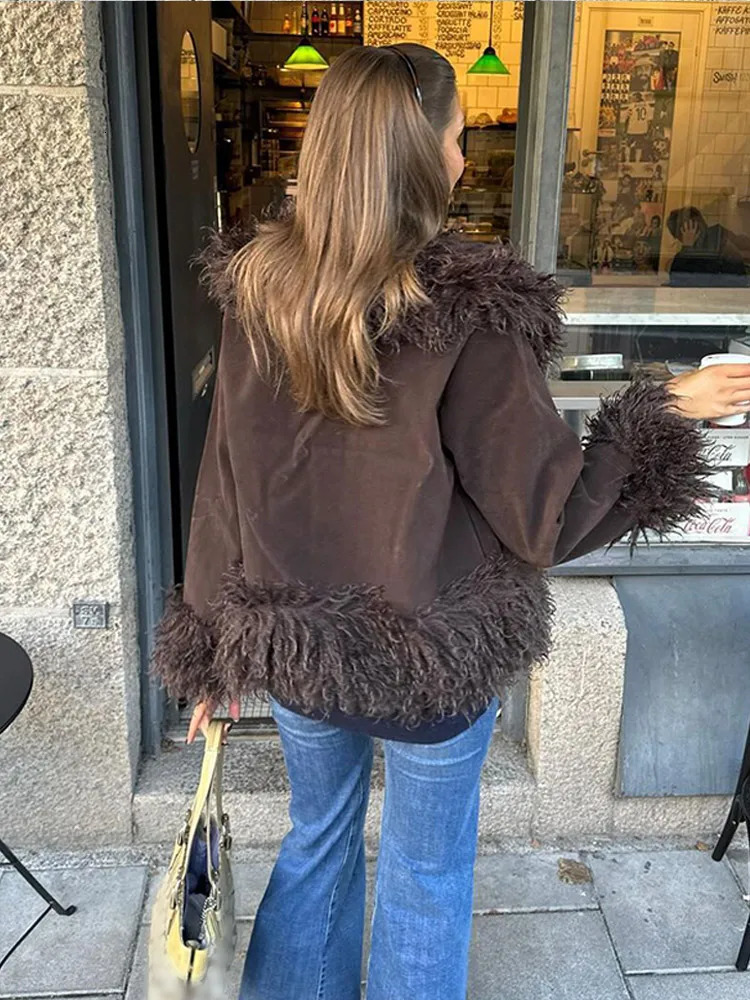 Vintage Coffee Faux Fur Spliced Coats Women Fashion Lapel Long Sleeve Thick Warm Jacket Autumn Winter Female Warm Streetwear 241107