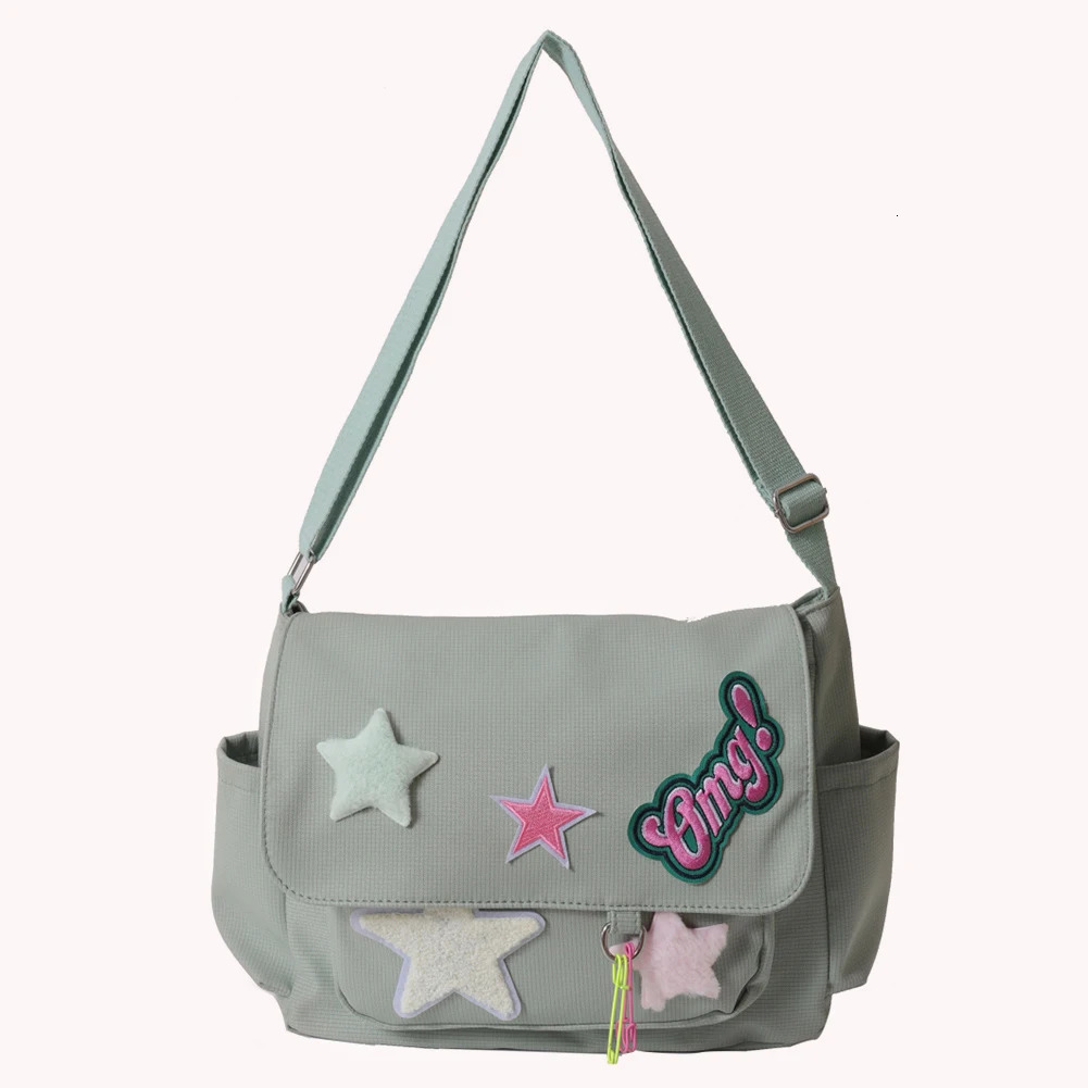 Women Cute Messenger Bag Large Capacity Canvas Kawaii Crossbody Star Letter Applique Candy Color Leisure Travel Outdoor 241106