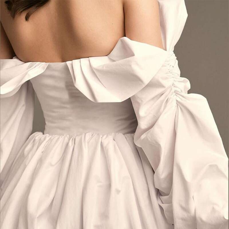 Talenza Sexy One Shoulder Mini Women's Fashion Solid Puff Sleeve Slim Short High Waist Pleated Strapless Party Dress