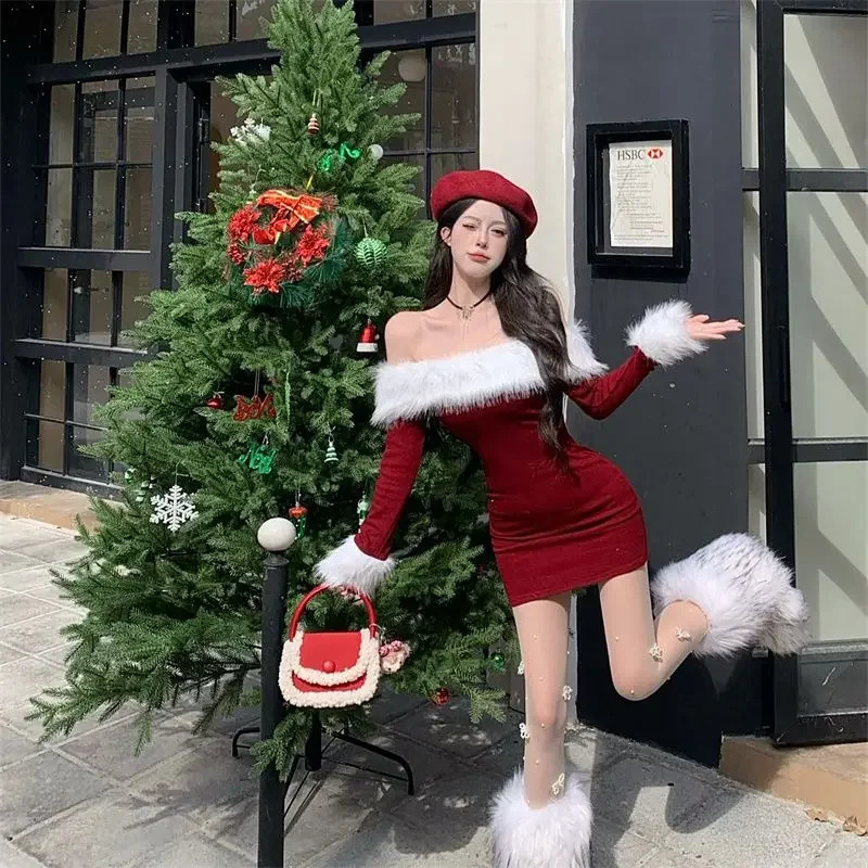 Sweet and girl Christmas red dress womens autumn/winter sexy off shoulder patch work fur ultra-thin dress fashionable womens clothing 241106