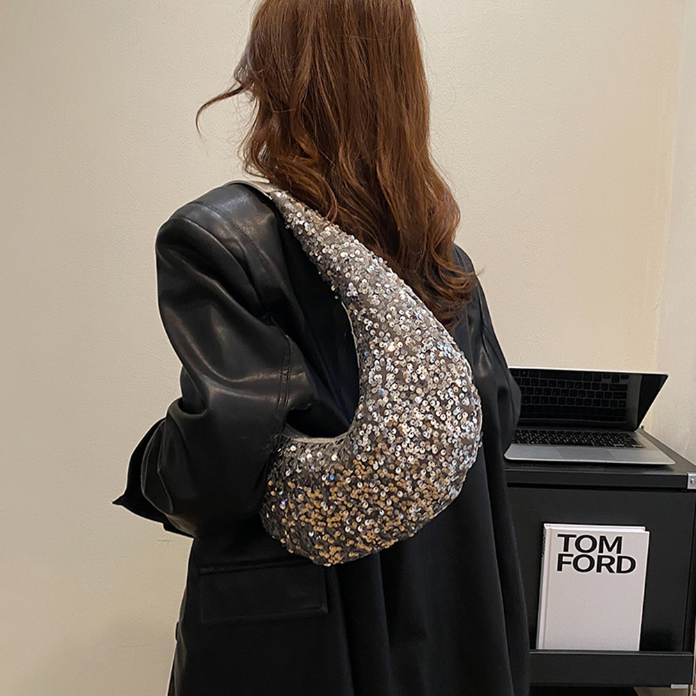 Women Sparkly Sequin Bag Hobo Bag Fashion Underarm Bag Solid Color Top Handle Bag Zipper Closure Vintage Style Commuting Bag