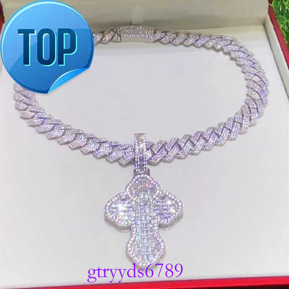 Hip Hop Cross Charm Baguette Cut VVS S Moissanite Cuban Chain With Pendant