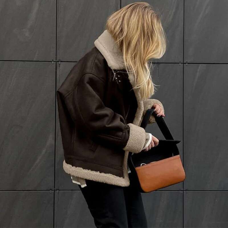 Talenza Brown Retro Thick Women's Casual Lapel Long Sleeve Button Suede Autumn Winter Female Street Warm Jacket