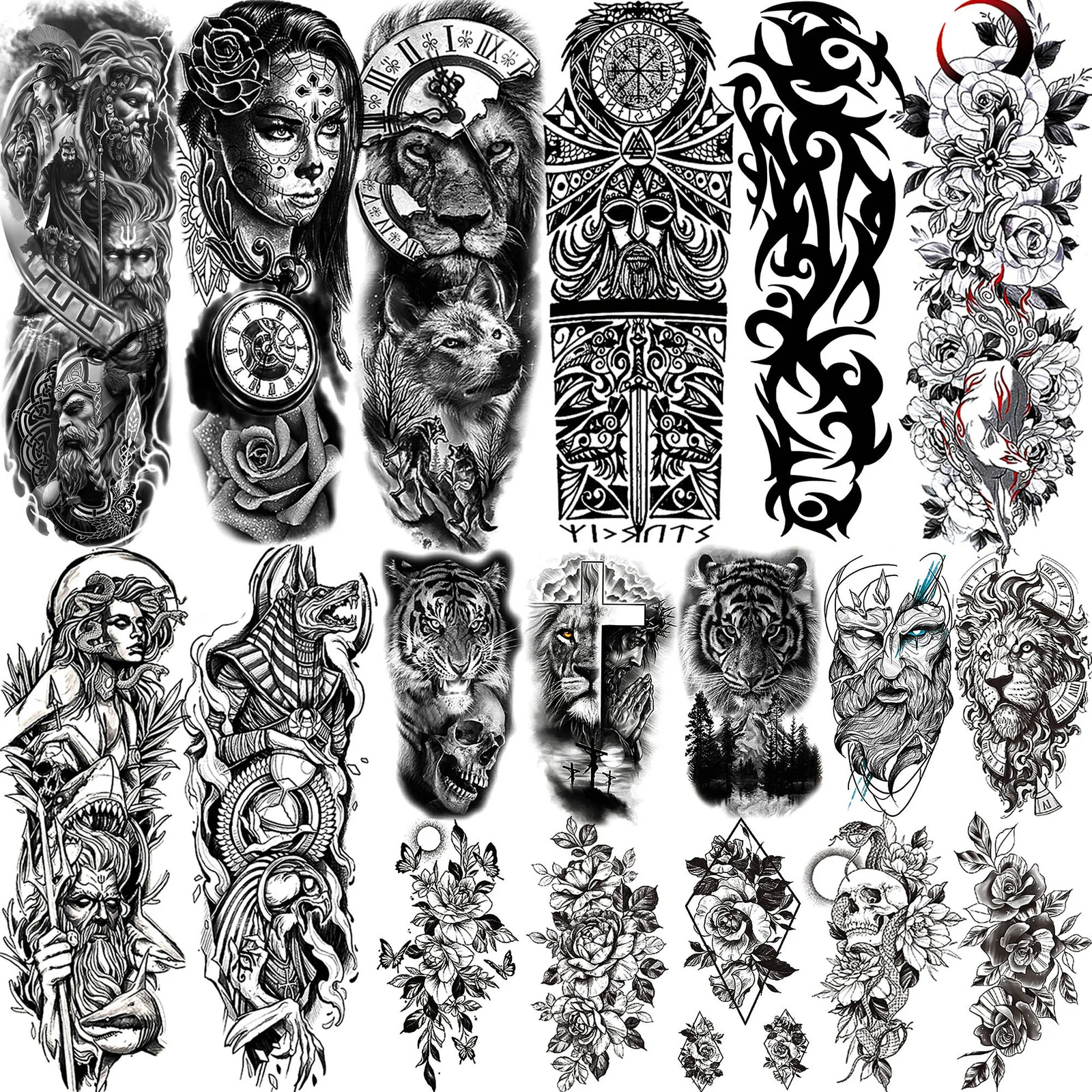 Full Arm Temporary Tattoos Sleeve For Men Women Realistic Tatoos Warrior Lion Tiger Flower Tatoo Sticker Black Totem Maori 241106