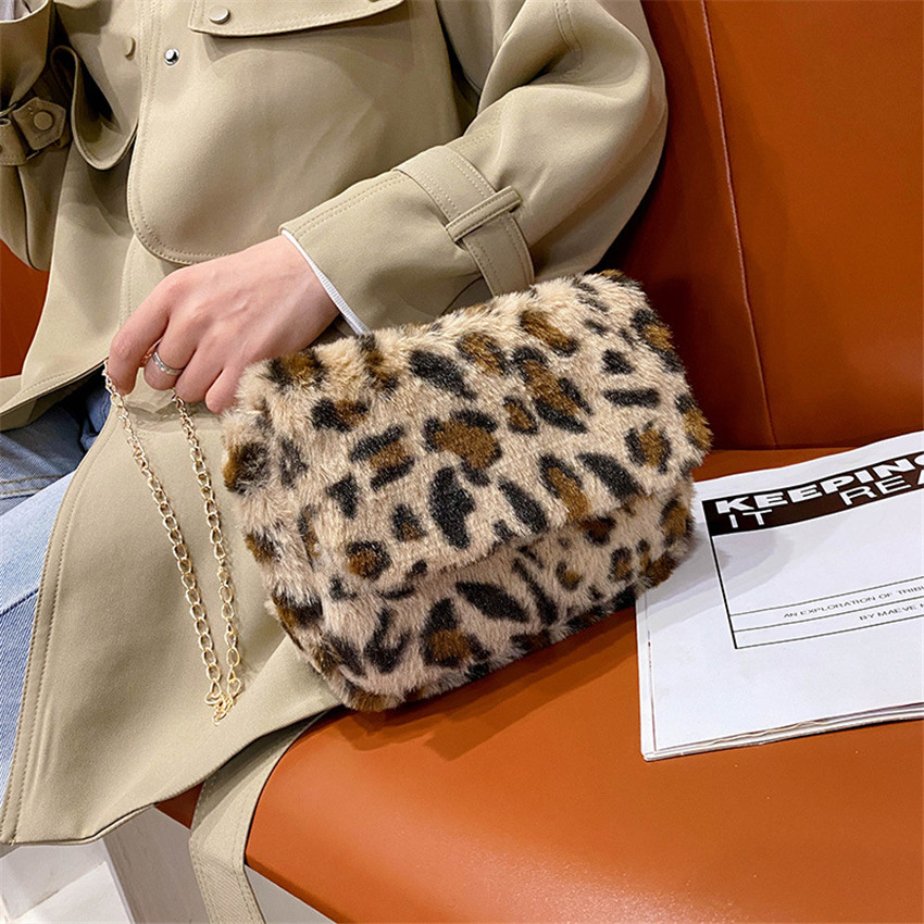 New Fashion Leopard Shoulder Bag Women Plush Soft Autumn Winter Ladies Crossbody Bags Vintage Leather Totes Purse and Handbag