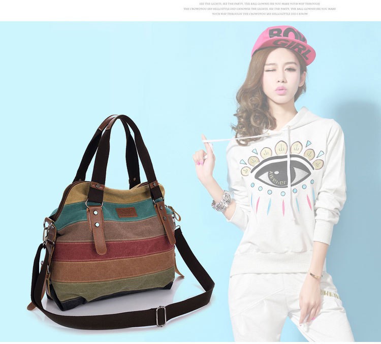 Canvas Totes Striped Womens Handbag 2021 Patchwork Rainbow Shoulder Bag Fashion Female Casual Crossbody Bag Sac A Main