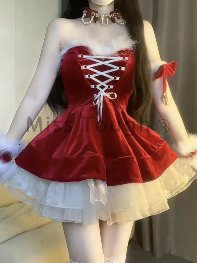 Winter French Fashion Sweet Christmas Dress Women Sense Lace Patchwork Lace Waist Red Dresses Sexy Retro Clothes 2024 241107