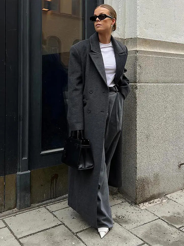 Elegant womens wool coat with double chest and lapel pockets long coat for autumn and winter womens streetwear oversized coat 241107