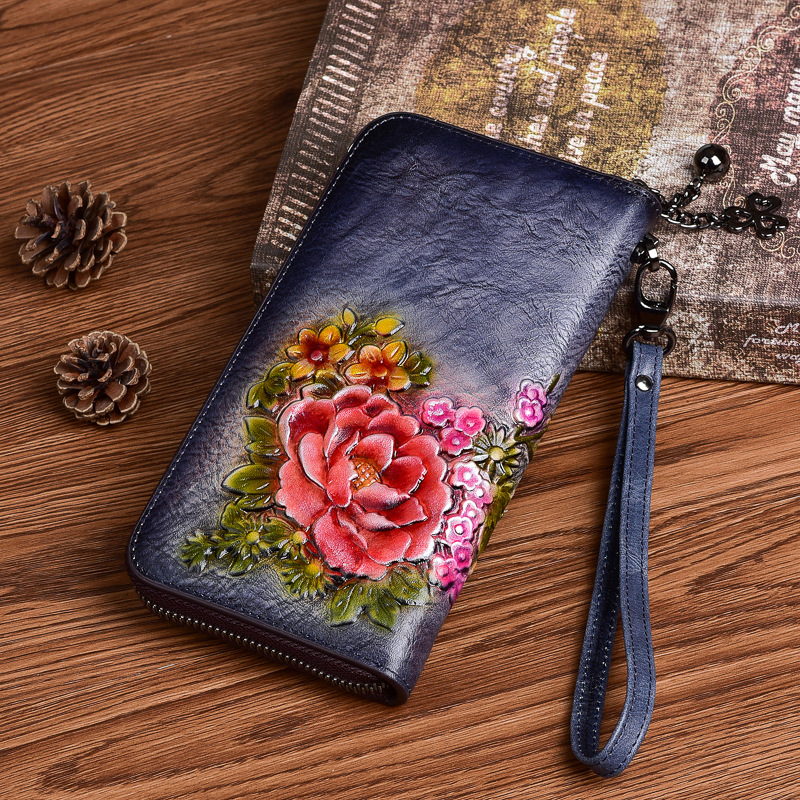 New Women's Top Layer Cowhide Wallet Floral Pattern Handbag Long Zipper Wallet vintage Personalized Clutch Bag Hot Sale