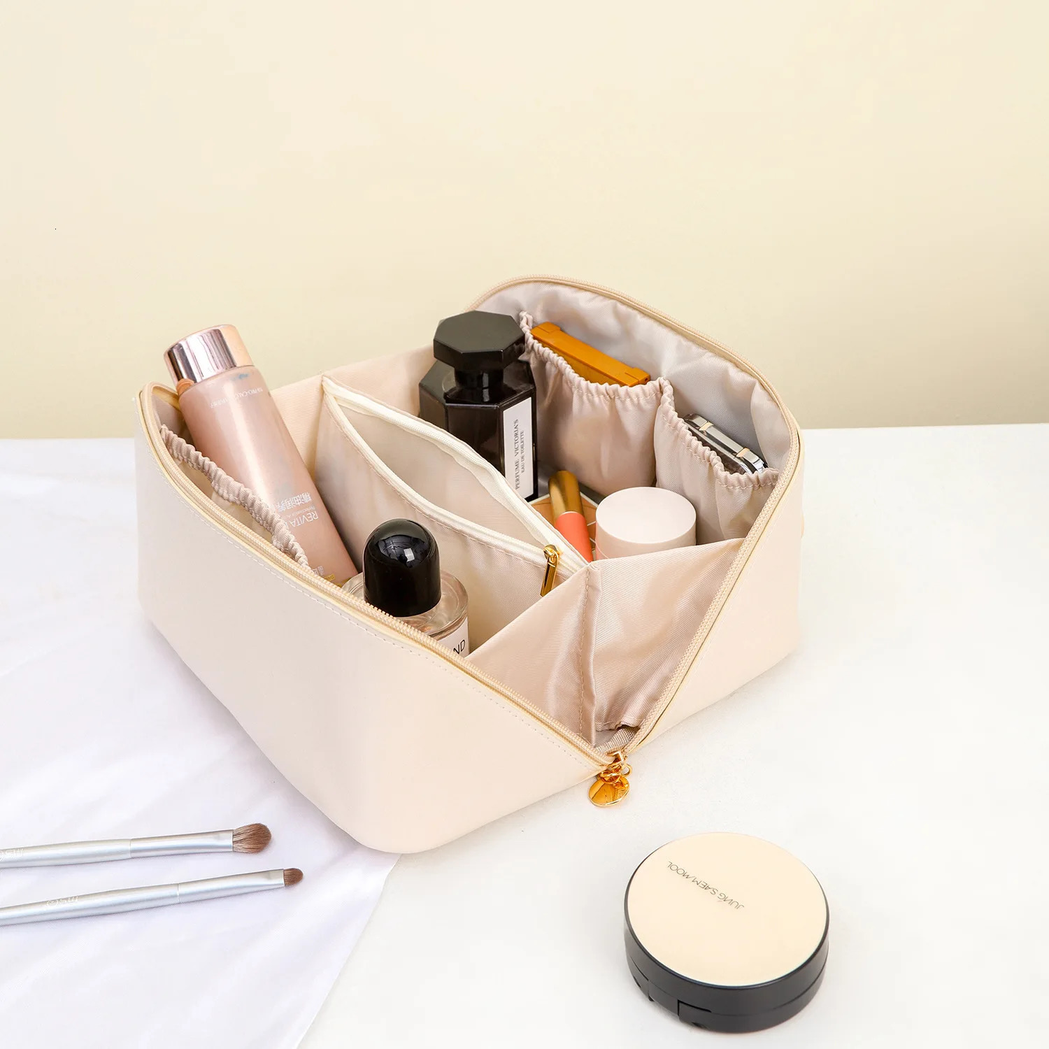 Embroidered Organ PU Leather Cosmetic Product Storage Bag Personalized Name Large Capacity Partition Storage Cosmetic Bag 241106