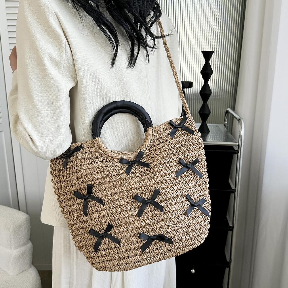 Women Summer Beach Bag Large Capacity Bow Straw Woven Tote Bag Female Elegant Top-Handle Bags Drawstring Handmade Knitted Purse