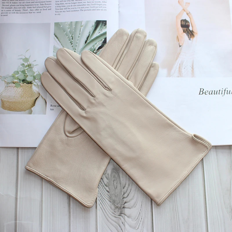 leather gloves for womens sheepskin touch screen ultra-thin and fashionable fully matched with solid color cycling and driving gloves 241106