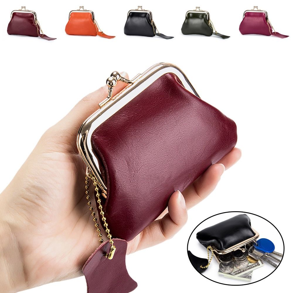Retro Mini Lock Clip Coin Purse Cow Leather Daily Handheld Lipstick Storage Bag for Girls Kiss-lock Simple Key Bag Coin Pouch