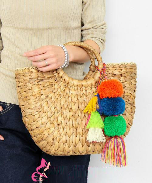 Big 37cm width Corn Stem Woven Female Summer Beach Straw bag decorated with fabric ball Pompom and Tassel A2892