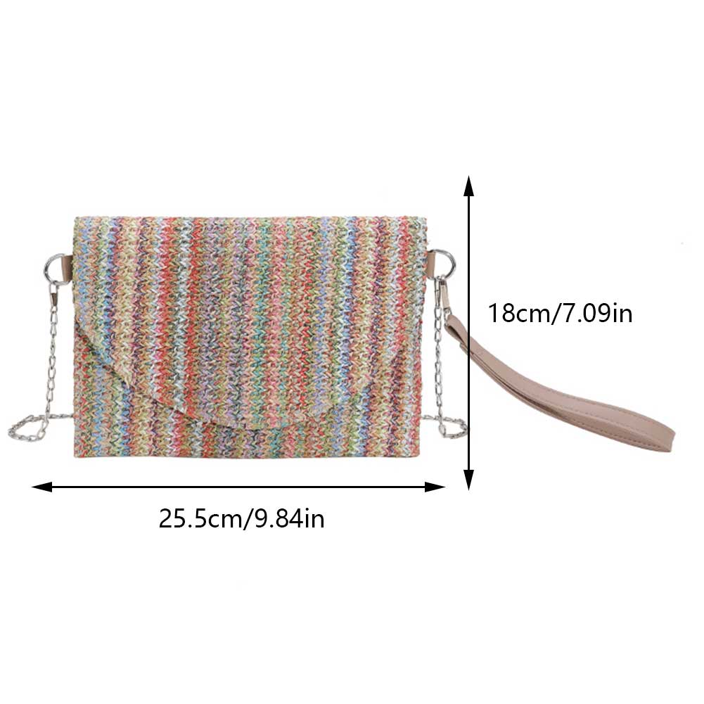 Boho Straw Clutch Purse Chain Colorful Striped Summer Beach Handbag Woven Envelope Wallet Wristlet Handbag for Women