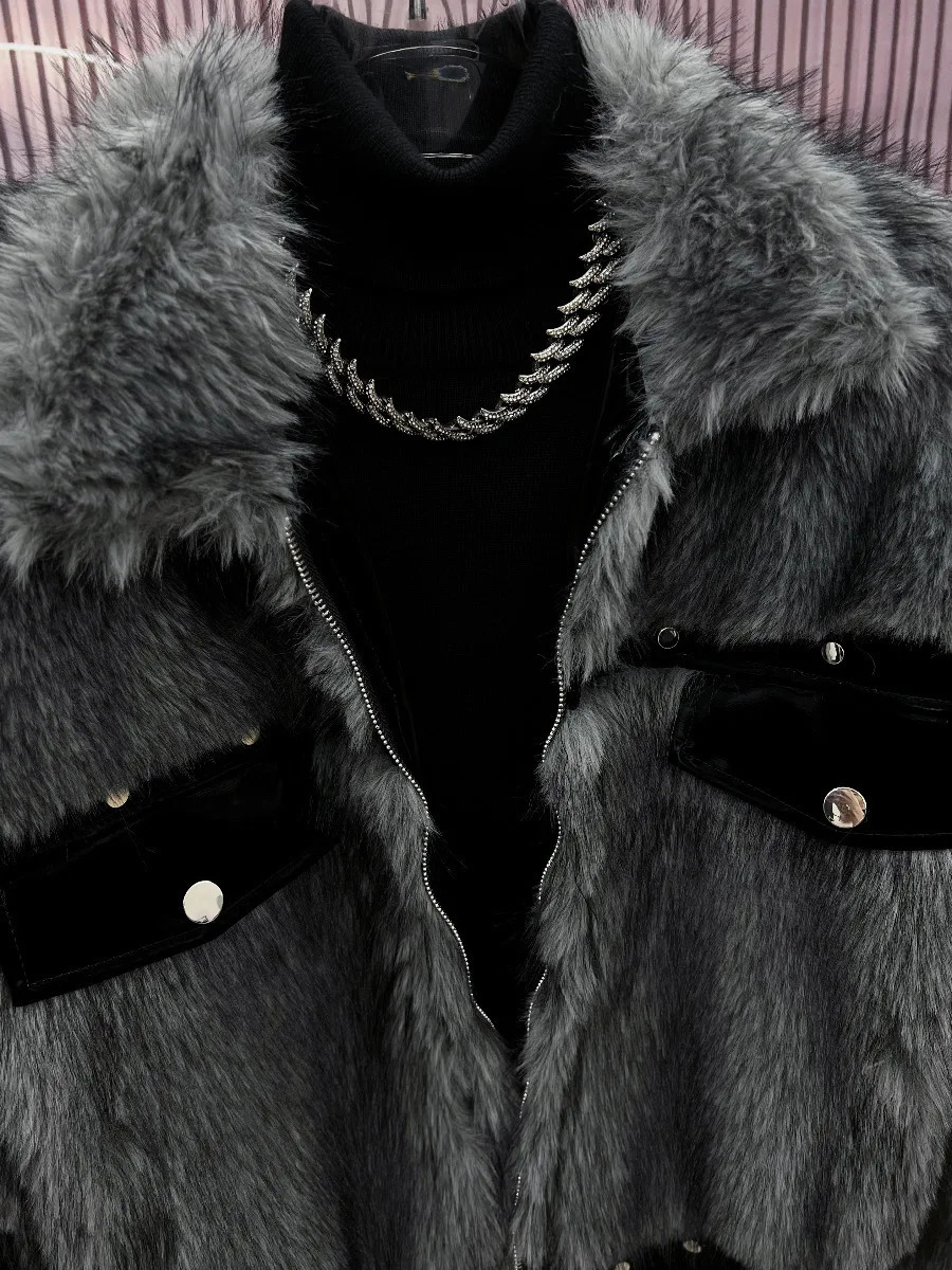 Mens Winter Splicing Mink Jacket Mens Plush Light Loose Trendy Coat Long Sleeve Short Sleeve Jacket 241107