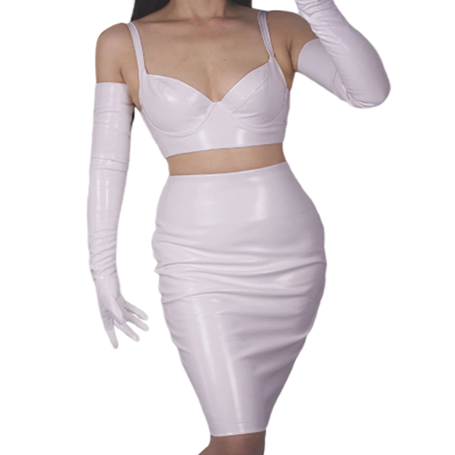 DooWay Womens Patent Leather Gloves Shine White Latex Wet look Faux PU Formal Nightclub Christmas Wedding Opera Long Glove 241107
