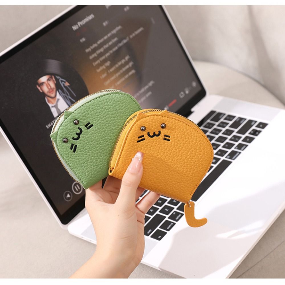 Cartoon Cat Mini Card Wallet Small Ultra-thin Zipper Card Holder PU Leather Coin Purse Women Girls