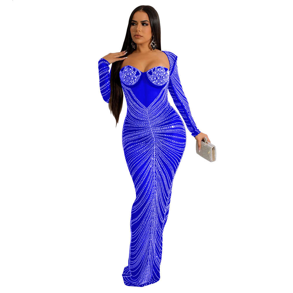 Fashion Women's Hot Diamond Mesh Perspective Sleeve Long Dress F4798 dongdumaoyi