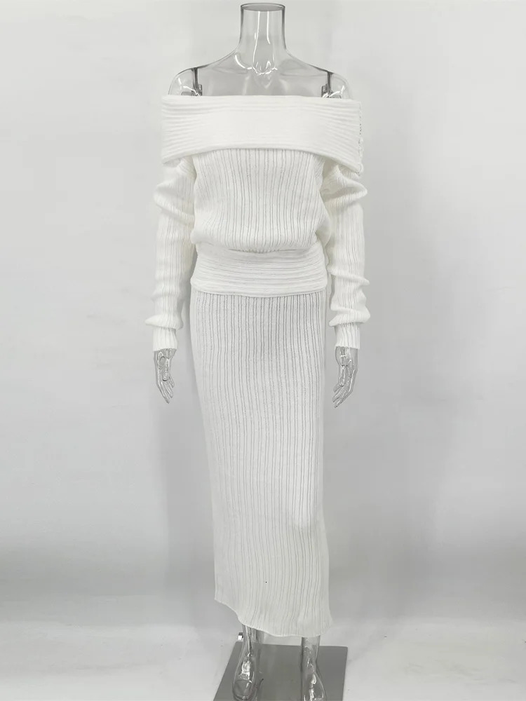 Tossy Knitted Skirt 2 Piece Set Womens One-Shoulder Long Sleeves Sweater Pullover Elegant Slim Fit Long Skirt Suit Autumn 241107