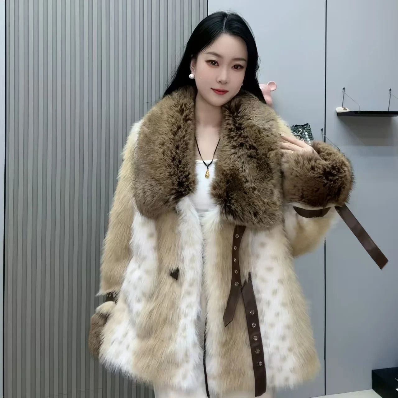 Womens faux mink coat fur collar jacket thick warm clothing high quality autumn/winter 241107