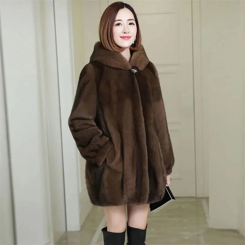 Winter womens Haining mink swan fur leather jacket womens hooded medium long thick mink coat Korean loose jacket A879 241107