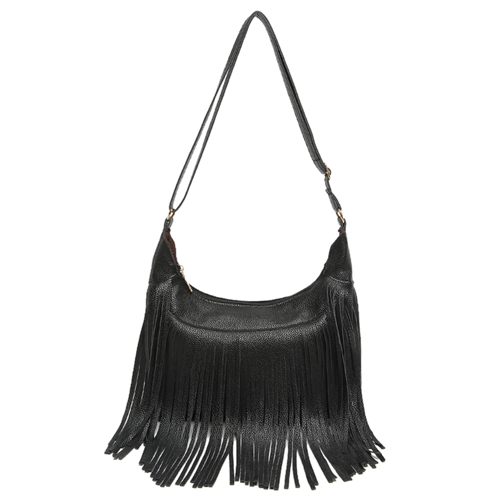 PU Fashion Crossbody Bag Large Capacity Women Tassels Shoulder Bag Minimalist Fringe Hobo Bag Solid Color for Party Vacation