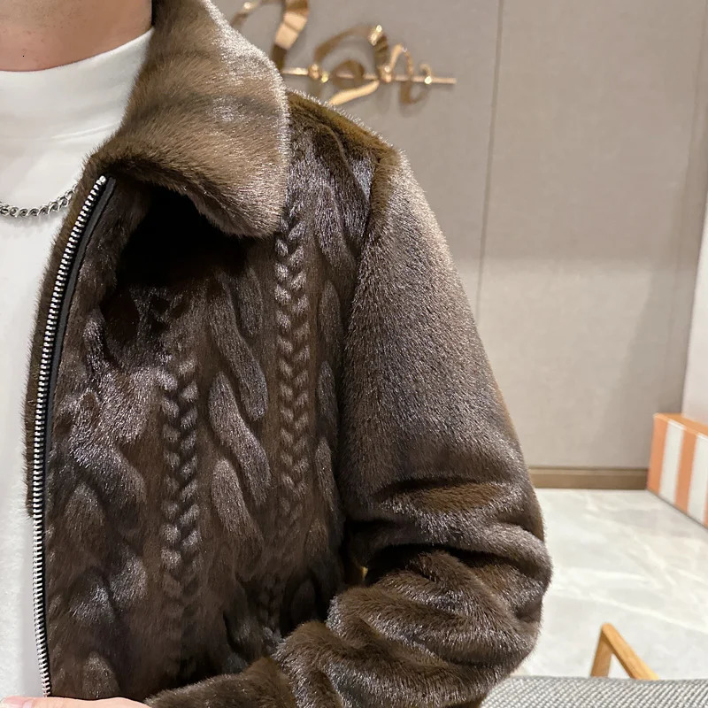 Winter high-quality mink coat mens fashionable polo collar thick leather coat casual plus size solid color coat 241107