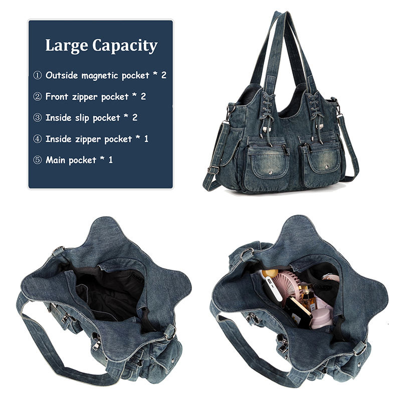 Women's Denim Bag Y2k Vintage Blue Jean Purse And Handbags Crossbody Shoulder Wallet Large Capacity Zipper Style BagVoyage
