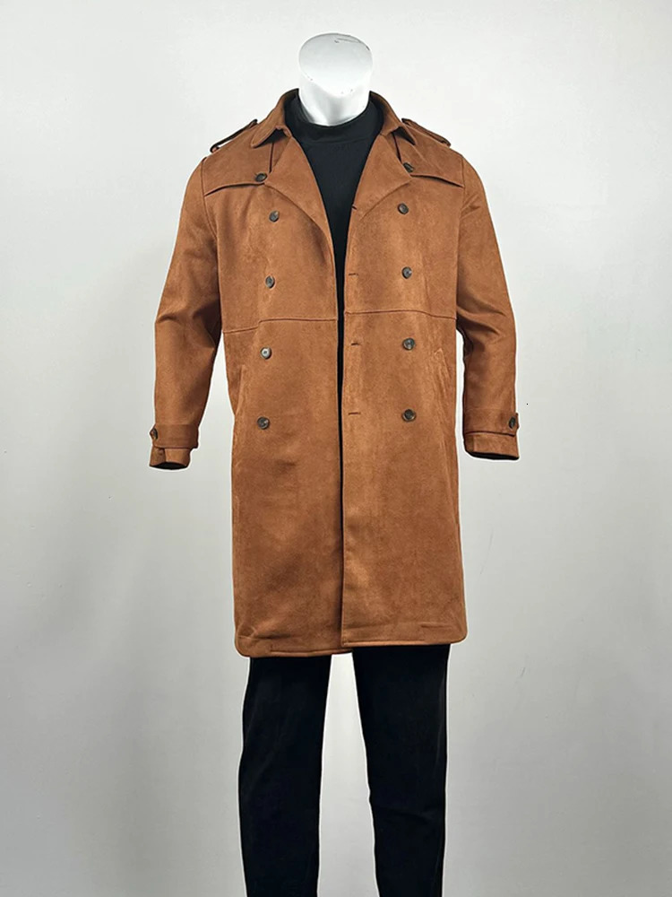 2024 Outdoor Male Double Breasted Suede Jackets Winter Fashion Notch Collar Straight Long Coats Mens Casual Long Sleeve Outwear 241107